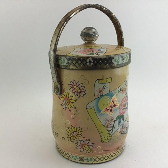 Floral Biscuit Tin With Handle Asian Style Tin Flowers and Butterflies Vintage - Picture 4 of 10